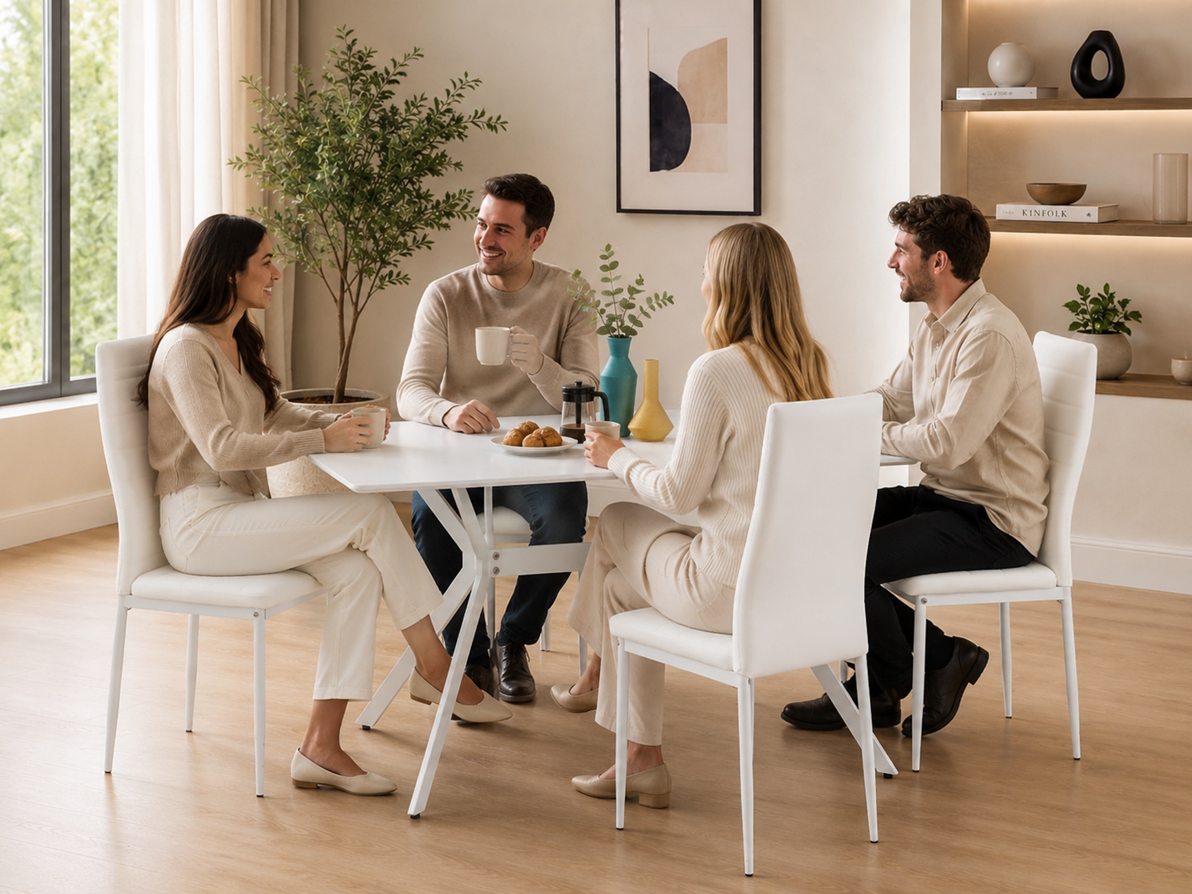K-Living Nash 5PCS White Anti Scratch, Powder Coated Metal Dining Set with PU Chairs (Table with 4 Chairs)