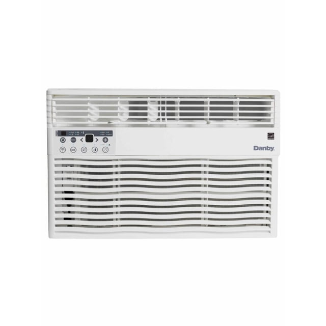 12000BTU window AC by Danby in white, front-facing view showing LED electronic controls with remote icons on the left, horizontal air vents on top, and wavy grille below, designed for cooling rooms up to 550 square feet with energy-saving features.