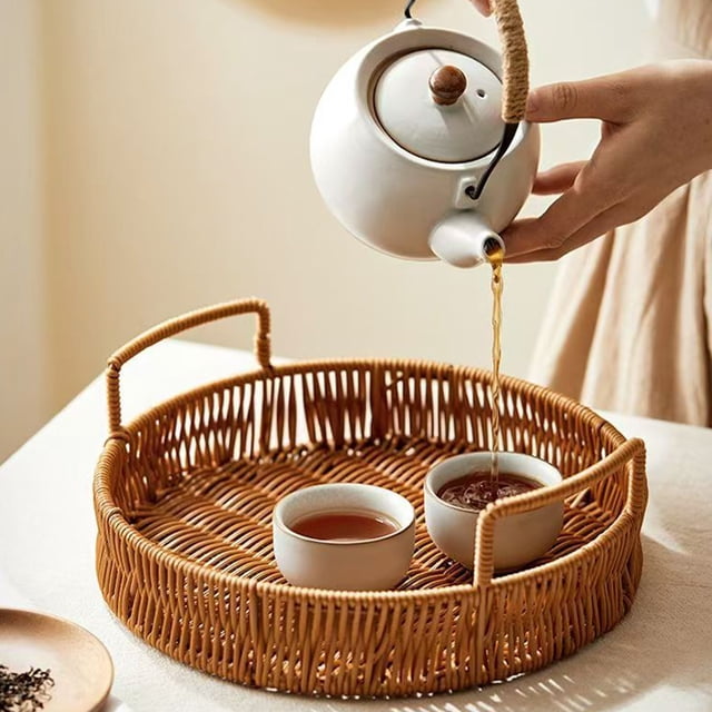 mtvxesu Woven Rattan Storage Basket for Tabletop Snacks Fruit and Dessert Tray for Afternoon Tea 3-Piece Set