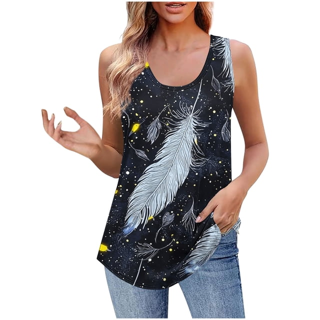 UPPADA Camisoles Mignonnes pour Femmes Tendance Col Rond à Fleurs Hauts d'Été Sans Manches Blouses Chic Décontracté Débardeurs Graphiques Noir,P