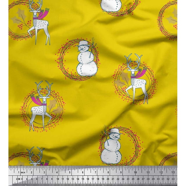 Soimoi Poly Georgette Fabric Wreath,Snowman,Reindeer Animal Printed Fabric 1 Yard 52 Inch Wide