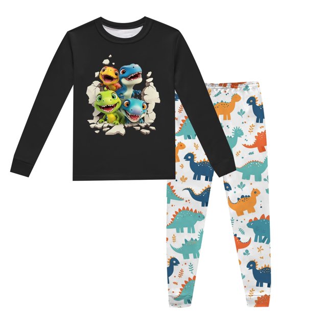 Pyjamas pour Enfants Garçons Ensemble de Pyjama Imprimé Dinosaure Col Rond Manches Longues Pantalon 2 Pcs Printemps Automne Pyjamas Bébé Noir 7 Ans-8 Ans