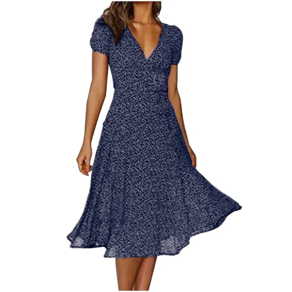 Pisexur Women’s Summer Dress Short Sleeve Ruffle Floral Print Sexy Deep V Neck High Waist Short Flowy Maxi Dress Casual Holiday Dresses Sundress