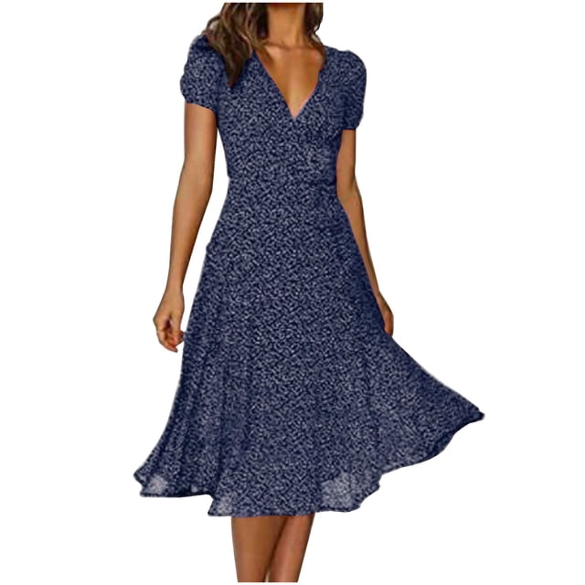 Pisexur Robe d'Été pour Femme avec Manches Courtes, Imprimé floral à Volants et Décolleté en V Profond. Cette Robe maxi Courte et Fluide à Taille Haute Est Fabriquée en polyester Léger, Idéale pour les occasions Décontractées Ou de Vacances. la Robe Longueur Genou à Imprimé à Pois Offre une Coupe Stylée et Confortable pour l'Été.