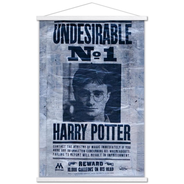 The Wizarding World: Harry Potter - Undesirable Wall Poster, 22.375" x 34", a glossy high-resolution print of a textured gray wanted poster with bold black text 'UNDESIRABLE No. 1 HARRY POTTER,' Ministry of Magic contact details, and a 10,000 Galleons reward, lightweight and easy to hang with adhesive mounts, suitable for room décor or themed events.