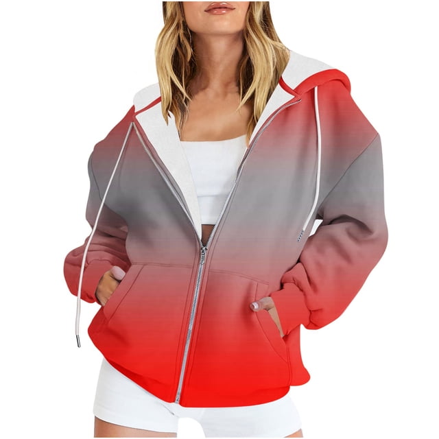 Women's Casual Printed Zippered Long Sleeved Hooded Sweater Jacket Top