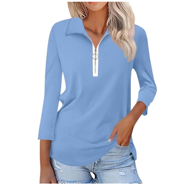 MeetoTime Chemises à Fermeture Éclair 1/4 pour Femmes Blouses Décontractées à Col Manches 3/4 Tuniques Tops Pull