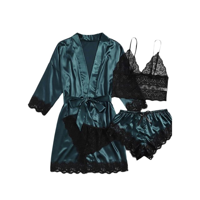 Faithtur Femmes 4 Pièce Pyjama Set V Cou Cami Tops Dentelle Garniture Shorts Robe Ceinturée Dentelle String Vêtements de Nuit Ensembles