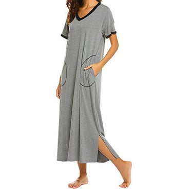 Pisexur Chemise de Nuit Longue pour Femmes, Tenue d'Intérieur, Pyjama à Manches Courtes pour Femmes, Nuisette Ultra Douce, Pyjama Pleine Longueur avec Poche, P-2TG