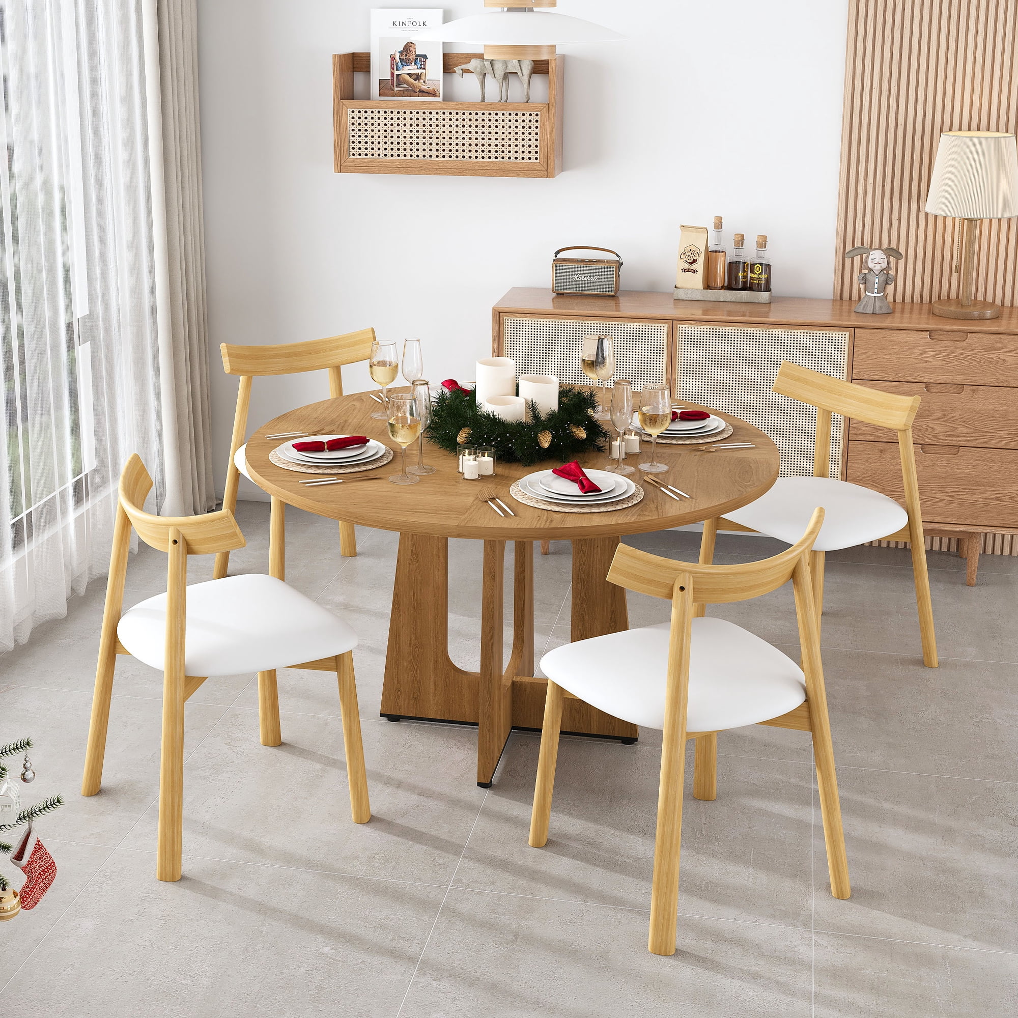 Noble House 47" Round Dining Table for 4,Farmhouse MDF Circle Table with Wood Grain Finish,Oak
