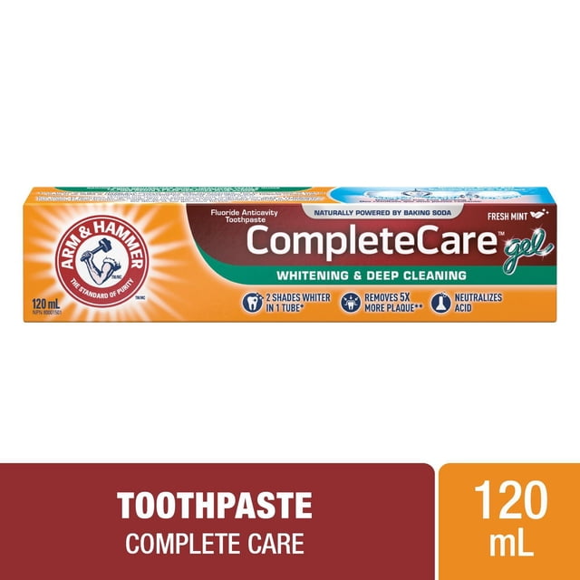 Arm & Hammer Complete Care Gel Toothpaste, 120ml fresh mint tube with whitening and deep cleaning formula using baking soda, fluoride cavity protection, tartar control, and acid neutralization for long-lasting fresh breath.