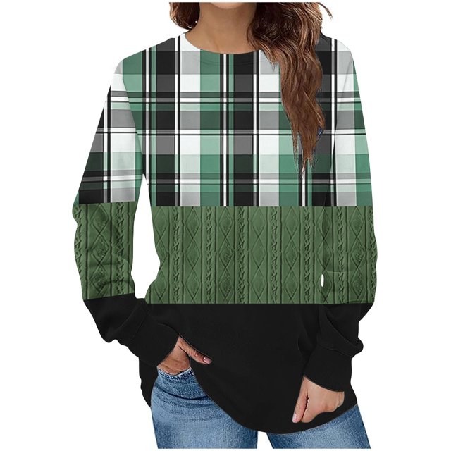 KIHOUT Chandails en Molleton de Mode pour Femmes, Manches Longues Décontractées à Carreaux Patchwork Col Rond Ample Blouse Chandail Tops, Taille P-2TG