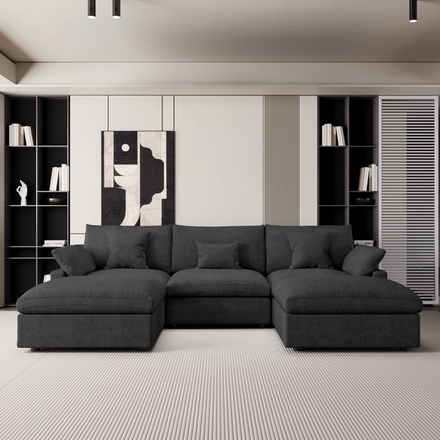 The Magic Home Canapé Sectionnel Modulaire en Lin en Forme de U à 5 Places, Noir