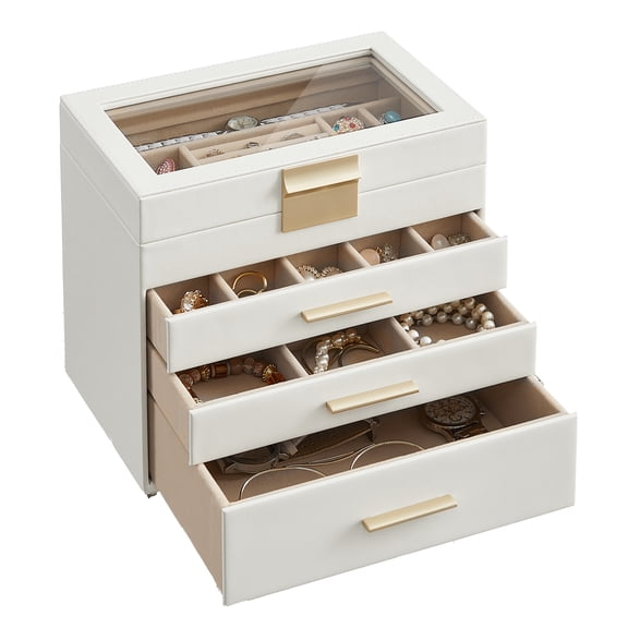 LEDREM Organisateur de Boîtes à Bijoux à 4 Couches avec Couvercle en Verre, Rangement à 3 Tiroirs Doublé en Velours pour Bagues et Colliers, Blanc Nuage et Or