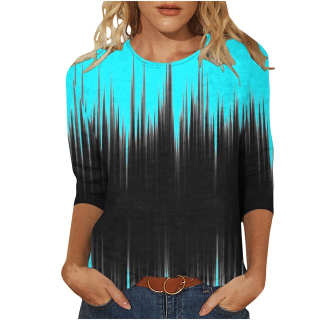 Hauts pour Femmes Décontractés Imprimés Col Rond Manches 3/4 T-Shirt Ample, Hauts Manches 3/4 pour Femmes, Hauts Décontractés pour Femmes, T-Shirts pour Femmes