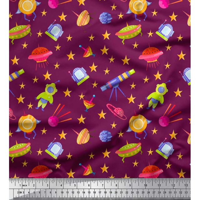 Soimoi Poly Georgette Fabric Spaceship,Star & Telescope Cartoon Decor Fabric Printed Yard 42 Inch Wide