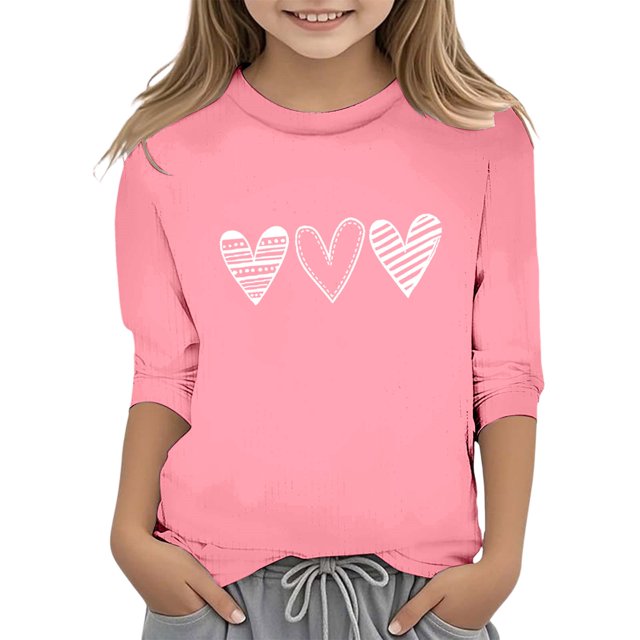 PMVFHDE Hauts d'Été pour Fille T-Shirts pour Fille Hauts d'Été Graphiques Hauts Tendance pour Fille T-Shirt Robe pour Fille Imprimé de la Saint-Valentin Col Rond Fonctionnel Manches 3/4 T-Shirt Rose, 5-6 Ans
