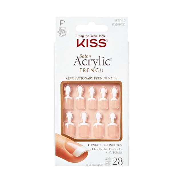 KISS Salon Acrylic French fake nails, 28 count medium size, with natural nude base and white French tips, featuring flexi-fit technology for a bubble-free, seamless finish. Includes glue and manicure stick for easy at-home application.