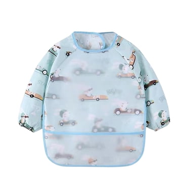 Baby Bibs Infant Feeding Smock Sleeved Bib Reusable Large Pocket for Boy or Girl Bunny Race