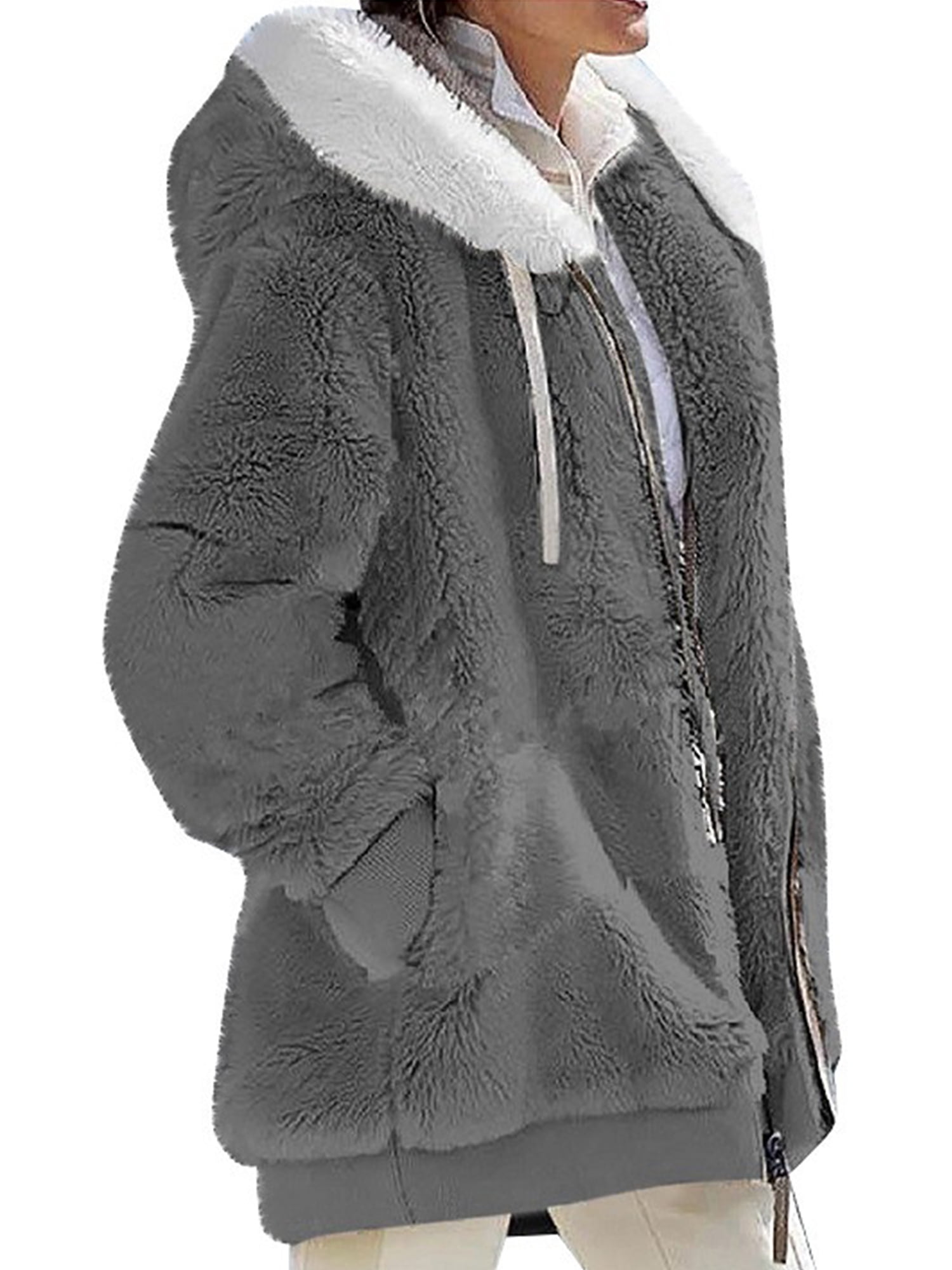 MAWCLOS Ladies Thickened Solid Color Hooded Cardigan Winter With Pockets Sherpa Coat Dark Gray 2XL