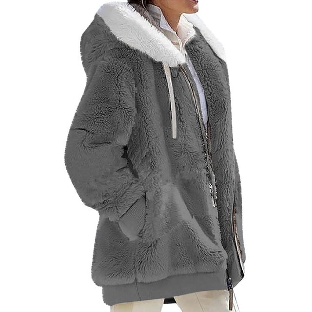 MAWCLOS Ladies Thickened Solid Color Hooded Cardigan Winter With Pockets Sherpa Coat Dark Gray S