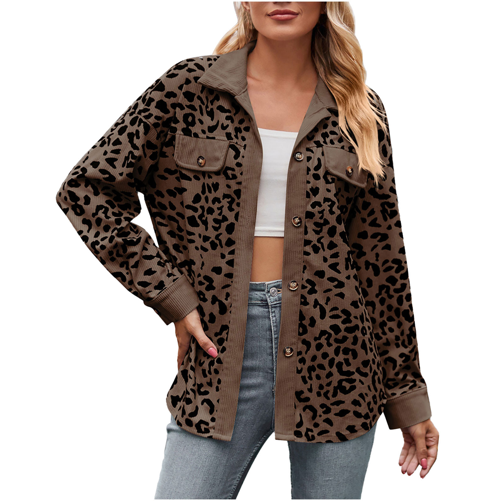 PEZHADA Womens Shacket Jacket New Leopard Print Button Long Sleeve Jacket Shirt Coat with Pocket Brown