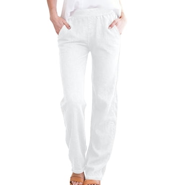 Ltctricy Women's Straight Leg Jeans Business Casual High Waisted Stretchy Pull on Work Pants Loose Trendy Pants with Pockets(White,Medium)