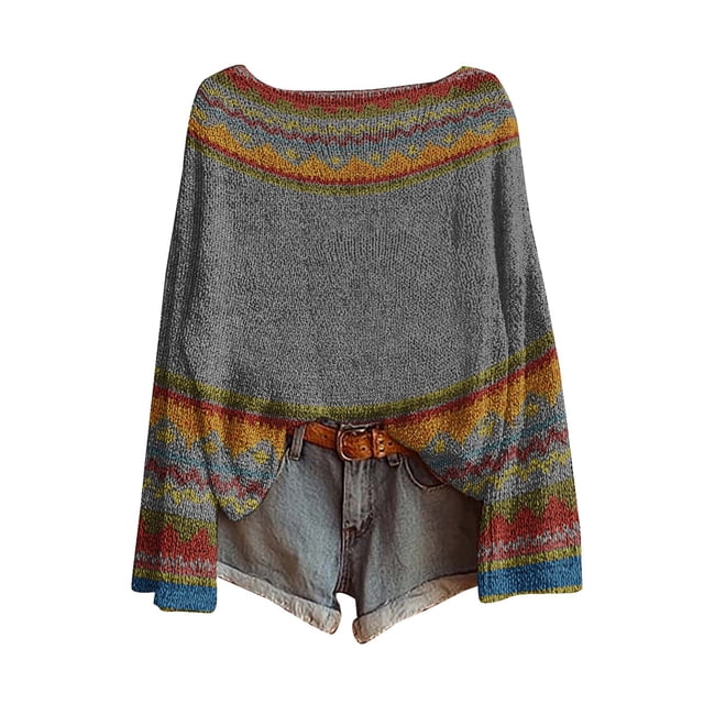 WTXUE Chandail Fair Isle pour Femmes, Tricot Boho, Chandails Rétro Hiver Automne, Décontracté, Ample, Col Rond, Manches Longues, Léger, Imprimé Artistique, Chandail Vintage, Hauts, T-Shirts Basiques, Couche Chaude d'Hiver, Haut Gris P