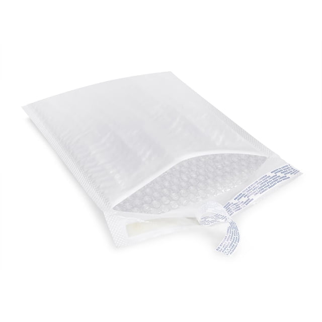 POLY BUBBLE MAILER #4 3/PK showing a white, weather-resistant bubble mailer with 3/16-inch-thick bubble padding and high slip inner lining, featuring an easy-seal adhesive flap partially open to reveal the bubble interior, sized 9.5 by 14.5 inches, suitable for secure shipping and often used for mailing fragile items.