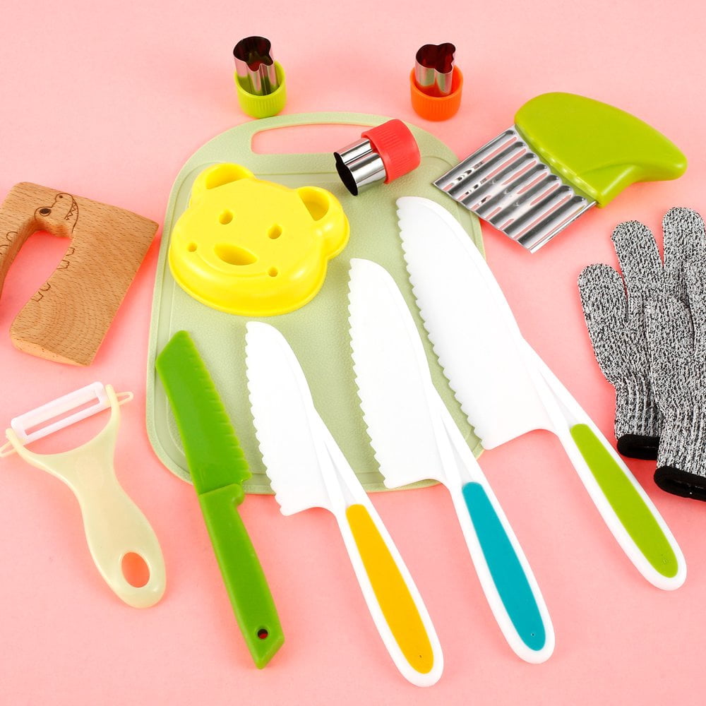 14PCS Kids Knifes for Real Cooking Wooden Kitchen Kids Knife Set for Chopping Toddler Plastic Children Cooking Knives with Potato Slicer  Cutting Board  Peeler