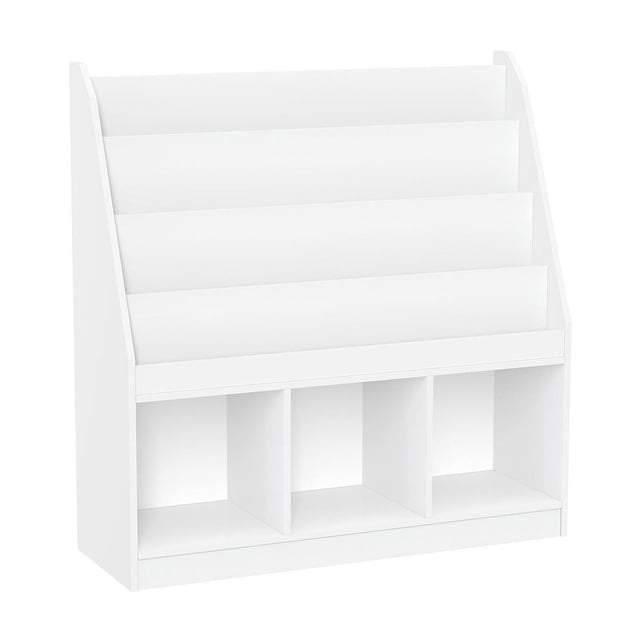 Kids Bookrack with Three Cubbies in white painted MDF, featuring four wide horizontal bookracks and three square cubbies for storing books, toys, and craft supplies. Measures 36 inches high, suitable for children's rooms and play areas, with a smooth finish and optional fabric bins for added colour and hidden storage.