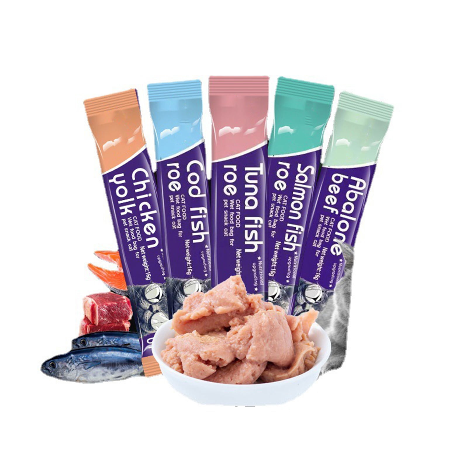 1 PC Cat Wet Food Bag Low Salt High Protein Gaining Weight Meat Soup Cat Strips for Cats Kittens Chicken， Egg Yolk(Random Color)
