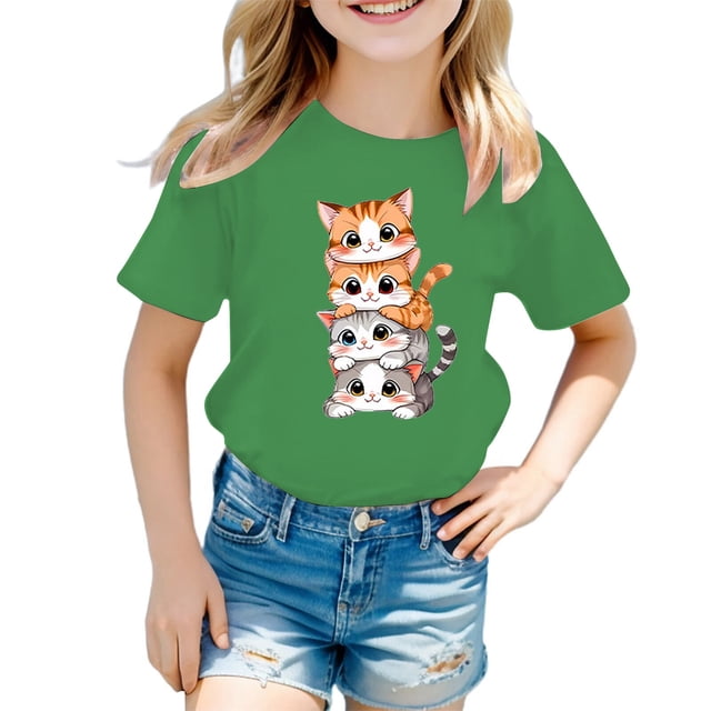 GDREDA Vêtements Fille Enfant Filles Mignon Graphique Col Rond Manches Courtes Tee Été Décontracté T-Shirt Hauts Fille Été Vert, 3-4 Ans