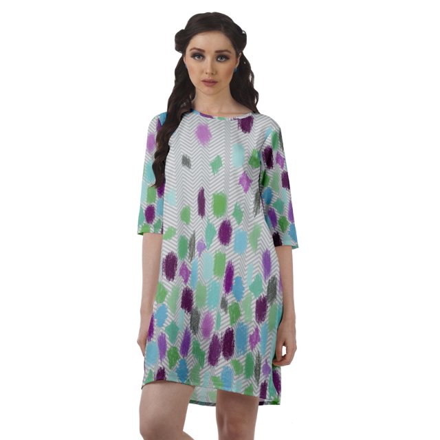 Moomaya Robe d'Hiver Imprimée à Manches 3/4 pour Femmes, Col Rond, Courte, Évasée