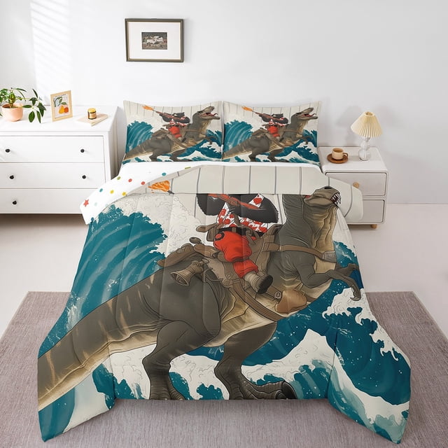 Erosebridal Bear Riding Dinosaur Bedding Twin Comforter Set,Cartoon Wildlife Down Comforter,Animal Decor,Reversible,Lightweight,2-Piece