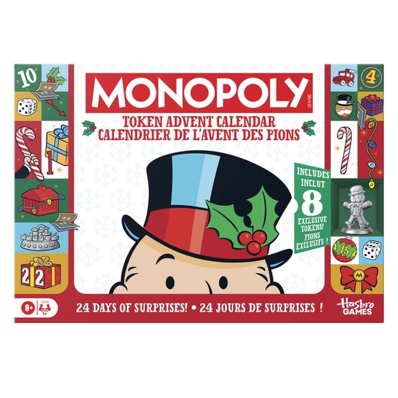 Monopoly Calendrier de l'avent des pions, cadeau festif pour familles et enfants, dès 8 ans