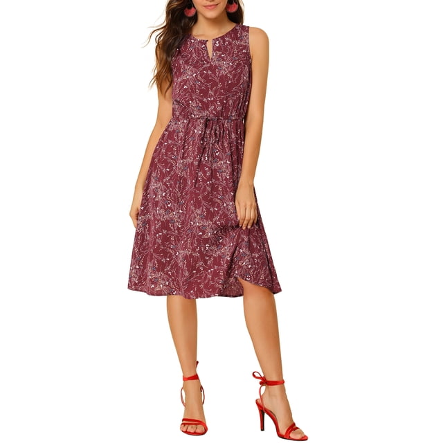 INSPIRE CHIC Robe Midi à Fleurs pour Femme Été Décontractée Invitée de Mariage Sans Manches m Bourgogne