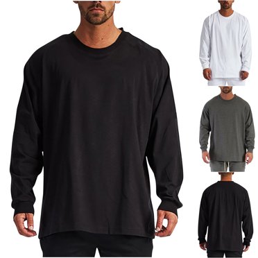 BADHUB Men's Solid Color Causal T Shirt Long Sleeve Crew Neck Loose Fit Cotton Tees Drop Shoulder Fall Spring Basic Pullover Gray L