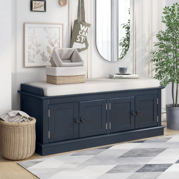 2-Tier Storage Bench, Shoe Bench with Padded Seat Cushion, Entryway Bench with 4 Barn Doors, Adjustable Shelf, 16" D x 42.7" W x 17.4" H, for Entryway, Living Room, Bedroom, Navy