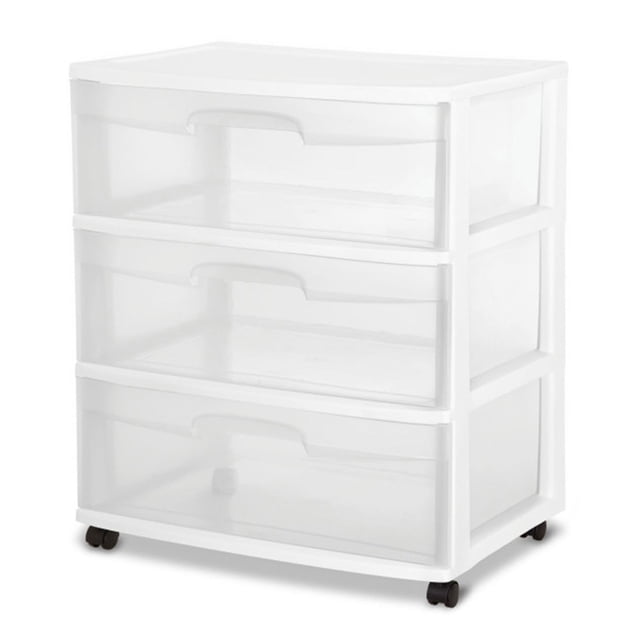 Sterilite Chariot Organisateur de Rangement en Plastique à Roulettes à 3 Tiroirs, Grand, Transparent/blanc, Lot de 4