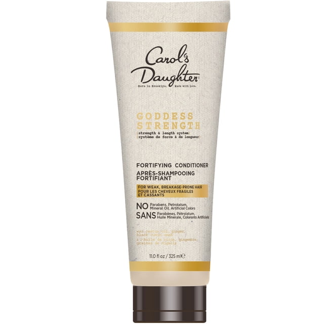 Carol's Daughter Goddess Strength Fortifying Conditioner with Castor Oil front-facing 11 fl oz white bottle with purple label and black flip-top cap, label showing brand and product name and castor oil callout; centered on neutral background, conditioner for weak hair to aid detangling and moisture, often used as an intensive conditioning step in a multi-product hair care routine.