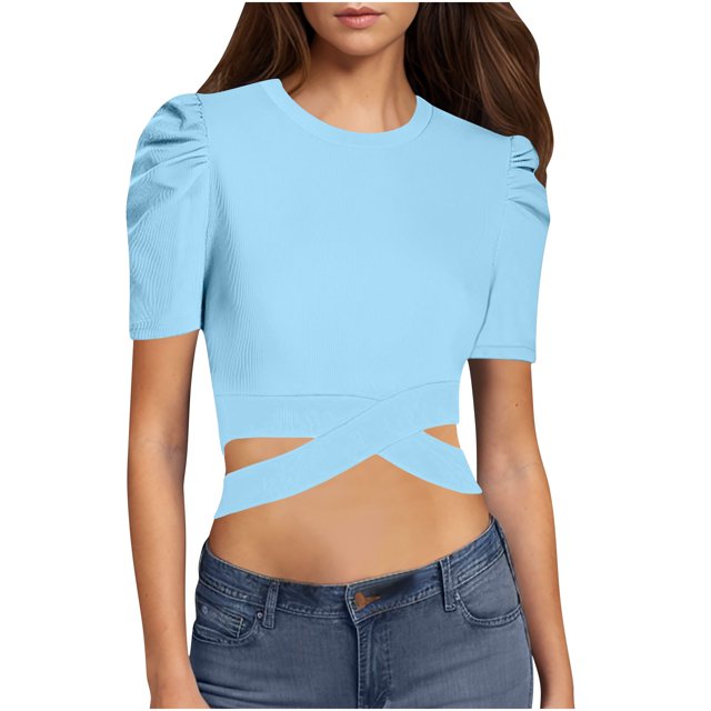 Pisexur Hauts pour Femmes, Hauts pour Dames, Hauts de Sortie pour Femmes, Hauts de Printemps pour Femmes 2025, Nouveau Haut Décontracté Uni à Col Rond et Manches Courtes pour Femmes Bleu, m