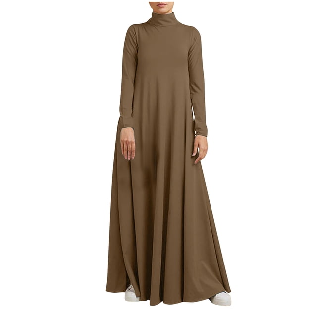 RKSTN Robes d'Automne pour Femmes Grande Taille Décontractées Robe de Couleur Unie Col Montant Manches Longues Hiver Automne Basique Tempérament Fluide Robe Maxi