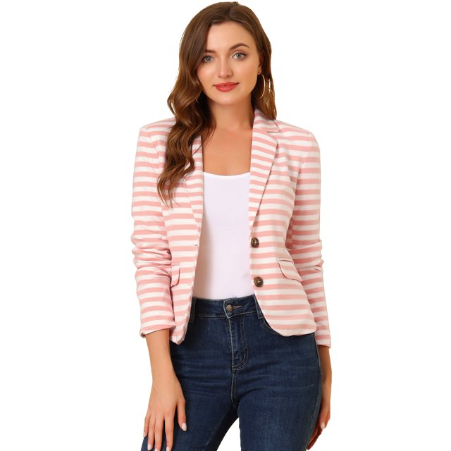 INSPIRE CHIC Blazer à Rayures pour Femme à Revers Cranté, Manches Longues, Boutonné, m Blanc Rose
