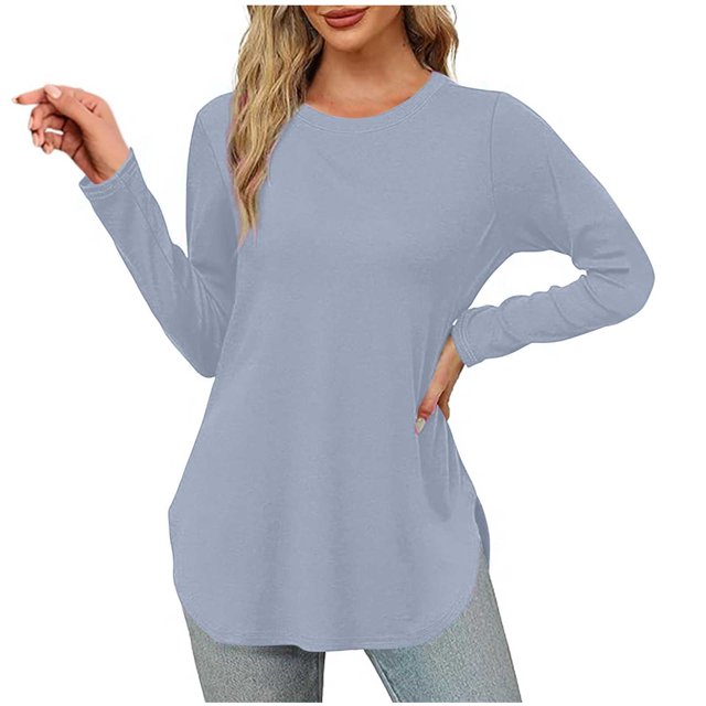 Pisexur Hauts pour Femmes Décontractés Col Rond T-Shirts Couleur Unie Été Classique Manches Longues Tuniques Tendance Blouses Automne