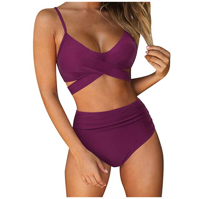 Penkiiy Women Wrap Bikini Set Push Up High Waisted 2 Piece Swimsuits Teen Cross Wrap Bandage Halter High Waisted Bikini Set Bathing Suits Two Pieces Swimsuit S Purple