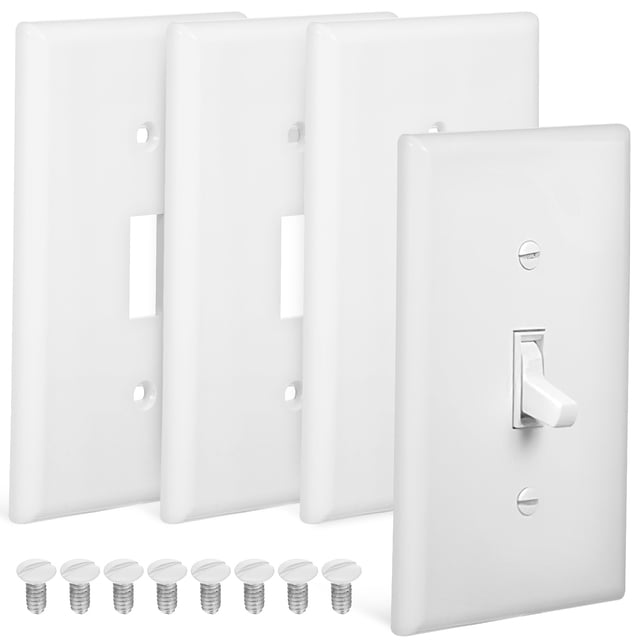 KAKOWELY Toggle Switch Cover 4pcs, made of durable polycarbonate in white. Includes four light switch plates with a sleek, smooth design and matching screws for easy installation. Suitable for replacing old electrical wall plates and enhancing room decor.
