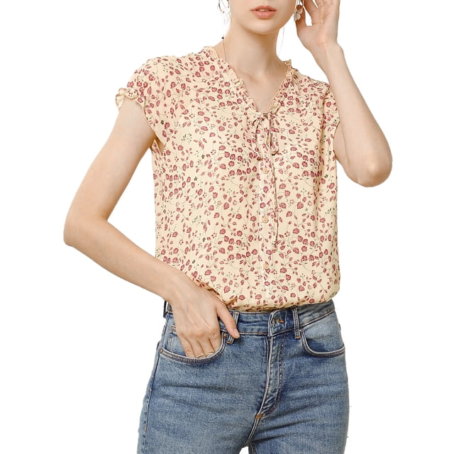 INSPIRE CHIC Valentine's Day Women's Floral Blouse Short Cap Sleeve Chiffon Casual Ruffle Tops S Apricot