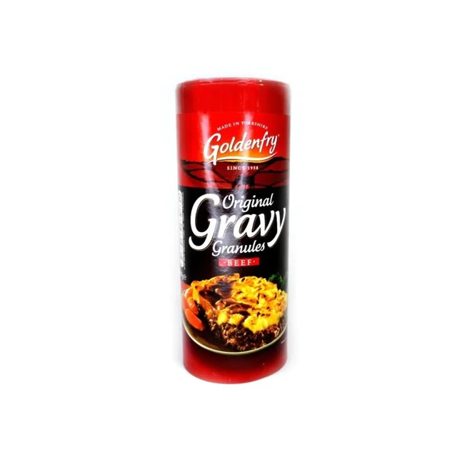 Beef Gravy Goldenfry Yorkshire gravy granules suitable for vegans and vegetarians, brown granules on a spoon against a neutral background; mix 20 g (4 tsp) with 280 ml hot water (1/2 pint) until smooth to make a sauce for thickening casseroles and stews, often used as a savoury base.