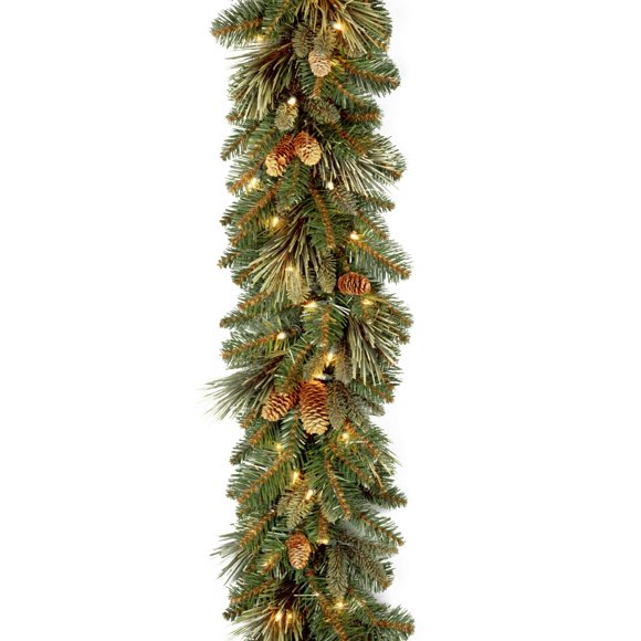 National Tree Company 9 ft Pre-Lit Carolina Pine Artificial Christmas Garland, Christmas Decoration with Pinecones, 100 Clear LED Lights, 2